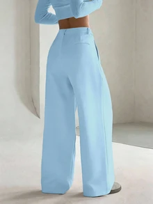 Flirla Women's Premium Elegant Slimming Casual Wide Leg Long Pants - Mint Blue - View 2