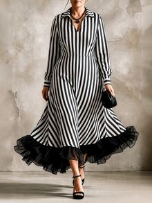 GlowEve CURVE Gaun Kasual Modis untuk Liburan, Gaya Prancis Vintage, Elegan, Cocok untuk Perjalanan, Motif Garis Hitam Putih, Jala, dan Patchwork, Cocok untuk Musim Gugur. - Hitam - View 8