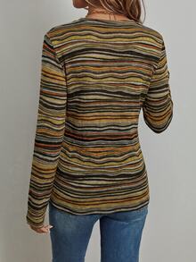 EMERY ROSE Women's Striped V-Neck Slim Fit Versatile Daily Casual Long Sleeve T-Shirt - Brown - View 2