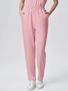 Scrubzie Solid Color Short Sleeve Top And Long Pants Scrub Uniform Set - Pink - View 2