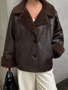 DAZY Autumn/Winter Deep Brown Turn Collar Flight Leather Jacket Lamb Fleece Lining Loose Vintage Street Commute Cool Women's Padded Coat - Coffee Brown - View 8