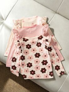 SHEIN 女童 3 件組印花套裝，花卉條紋荷葉袖，可愛甜美優雅舒適，適合外出，春夏季秋季 - 彩色 - 查看 2