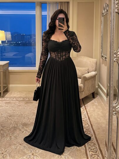 Vibekara Vestido de noche elegante y minimalista con escote corazón sexy, cuello corazón, escote bajo, patchwork de encaje, diseño de ballenas transparente, cintura ceñida, línea A, favorecedor y estilizado, adecuado para fiestas, cócteles y citas importantes, negro, talla grande, extra largo para mujer