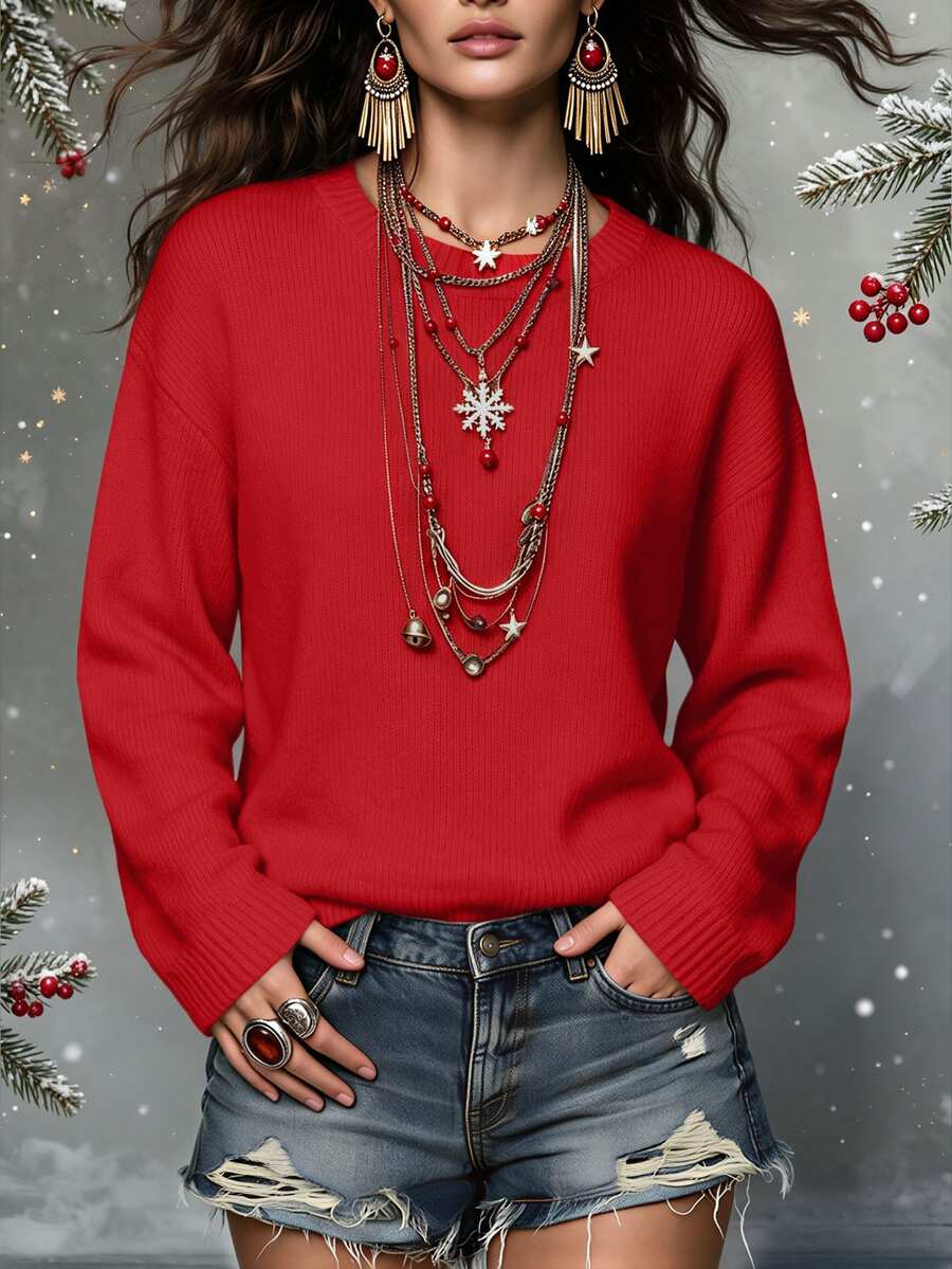 SHEIN 女款秋冬聖誕紅色圓領針織毛衣，優雅寬鬆長袖套頭衫，適合假日派對、聖誕聚會與日常穿著