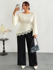 Firerie Plus Size Women's Round Neck Bell Sleeve Contrast Lace Pleated Hem Blouse - Apricot - View 6