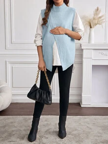 Momance Maternity Gentle Versatile Slit Knit Vest Cardigan - Baby Blue - View 5