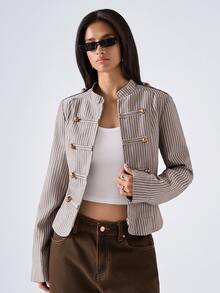 LYSMO Plus Size Women's Autumn/Winter Napoleon Military Style Striped Long Sleeve Zipper Jacket Fall - Multicolor - View 4