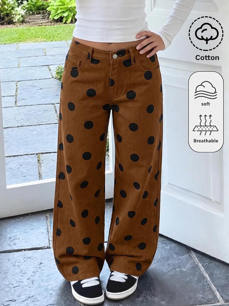 SHEIN Celana Panjang Denim Cokelat Retro Motif Polkadot untuk Remaja Perempuan - Coklat - View 1