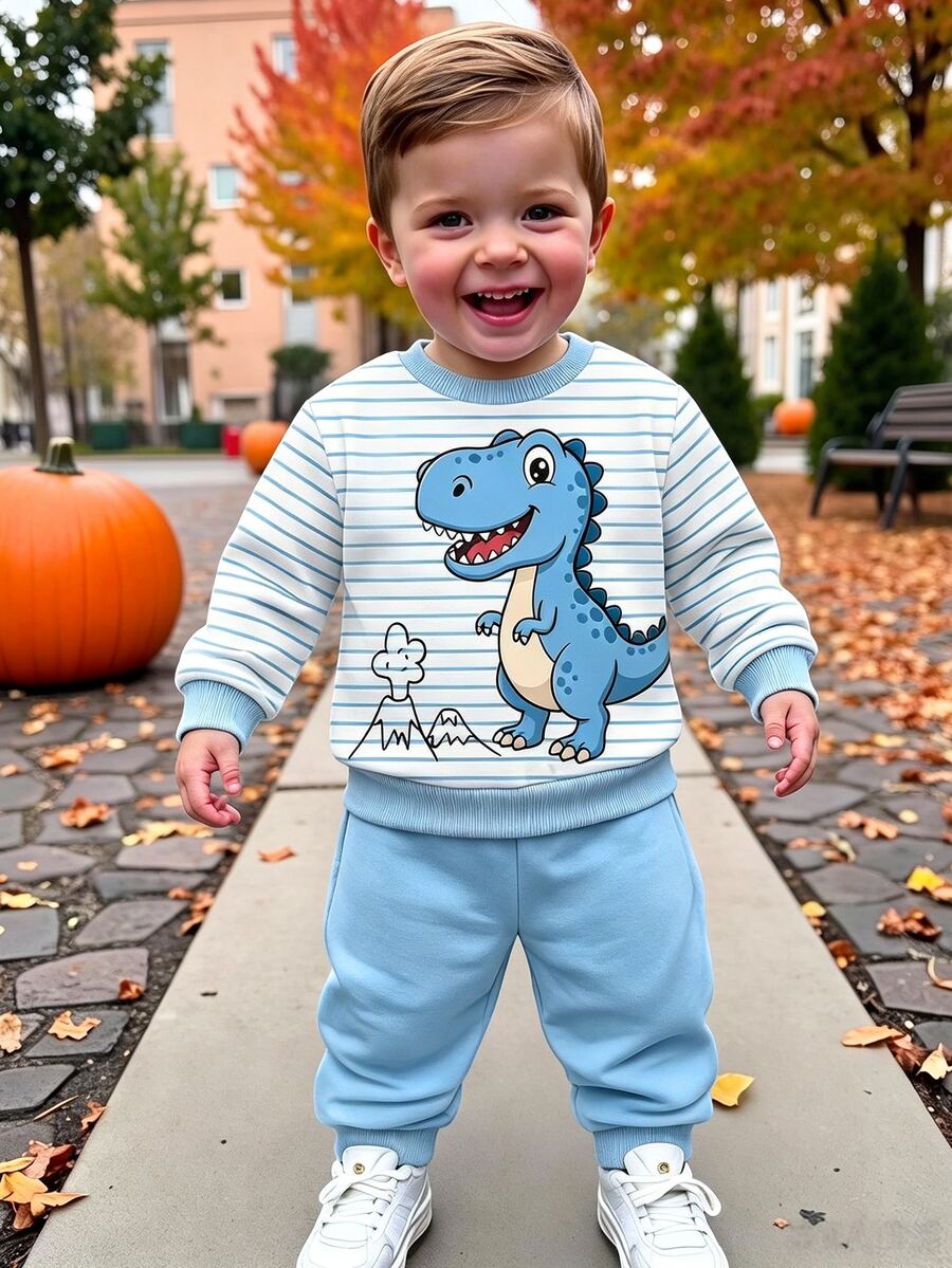 Baby Boy Round Neck Casual Striped Cute Dinosaur Print Fleece Lined Comfortable Sweatshirt & Sweatpants 2pcs Set Autumn Pullover Top - Multicolor - View 1