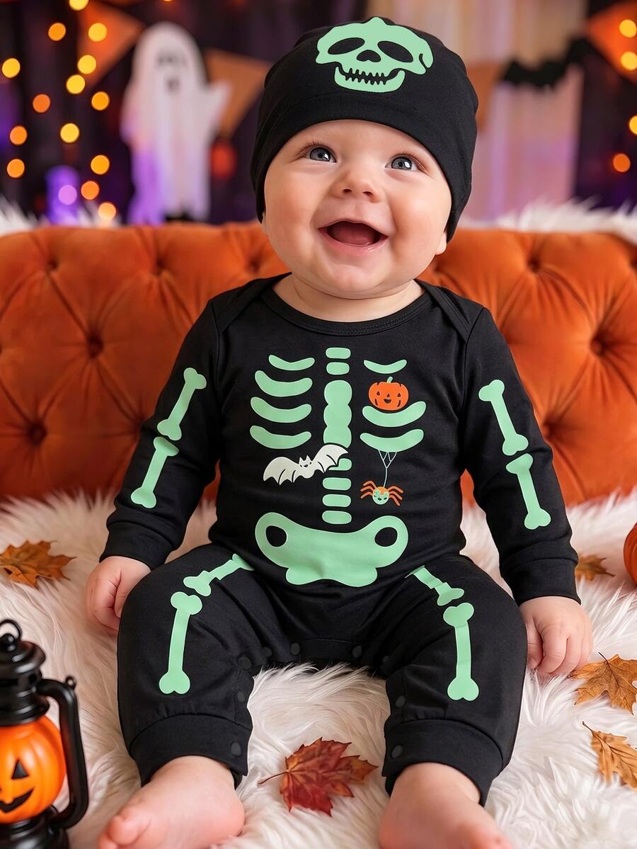 SHEIN Playful Pals Baby Boy Halloween Pattern Knit Soft Round Neck Long Sleeve Romper, Pattern Design, Suitable For Autumn To Winter Wear - Black - View 1
