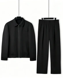 Manfinity Homme 男士卡其色翻領彈性下擺寬鬆休閒兩件套 - 黑色 - 查看 3