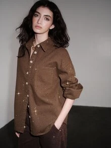 Anewsta Heavy Rhinestone Embellished Long Sleeve Single-Breasted Pocket Casual Denim Shirt - Brown - View 6