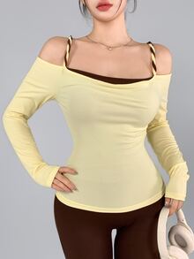 DAZY Camisole Bahu Terbuka Motif Patchwork Warna Kontras 2 In 1 Olahraga Sporty Athleisure T-Shirt Musim Gugur Pilates Gym Kuning Pucat Cokelat Tua - Kuning - View 2