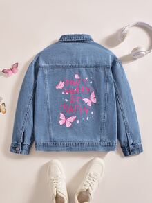 Tween Girl Letter & Butterfly Pattern Casual Daily Denim Jacket - Dark Wash - View 1