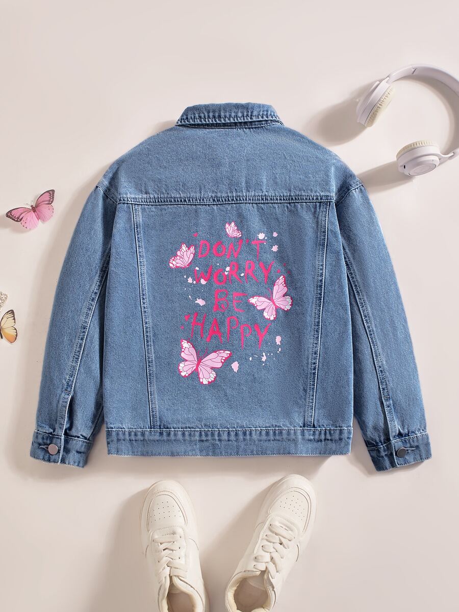 Tween Girl Letter & Butterfly Pattern Casual Daily Denim Jacket - Dark Wash - View 1