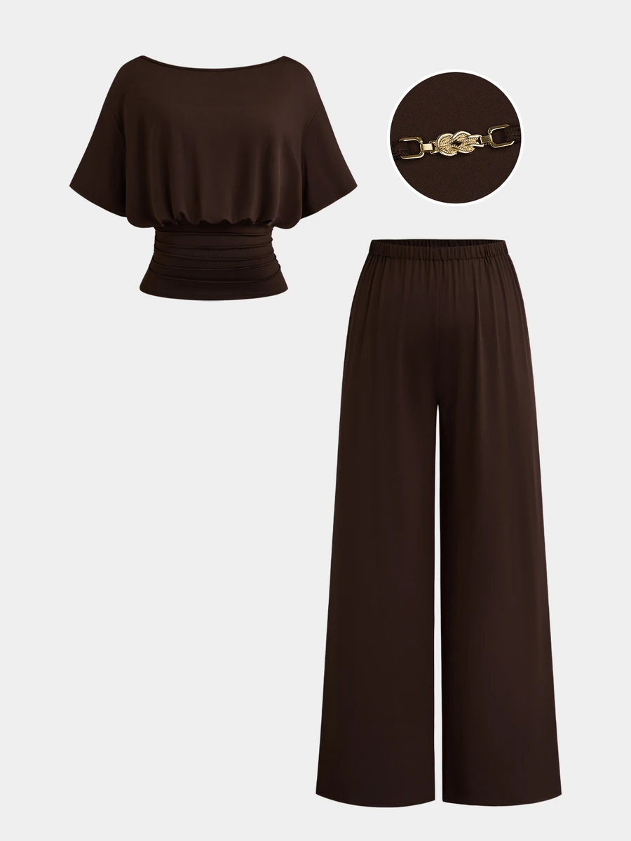 Sweetra Plus Size Early Autumn Backless Metal Detail T-Shirt And Long Pants Casual 2 Pieces Set - Coffee Brown - View 1