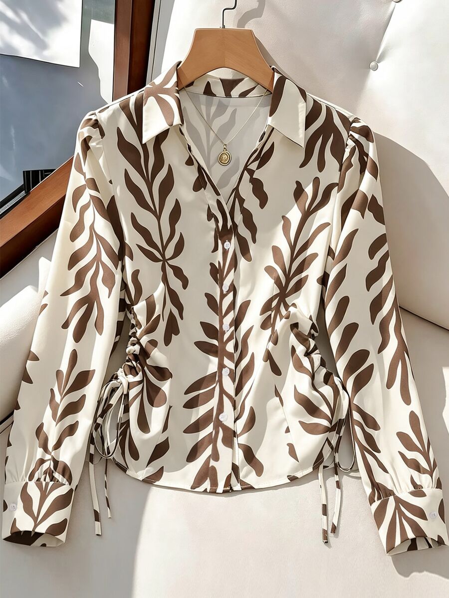 SHEIN Franclia Women's Autumn/Early Autumn Floral Pattern Side Waist Drawstring Casual Blouse - Khaki - View 1