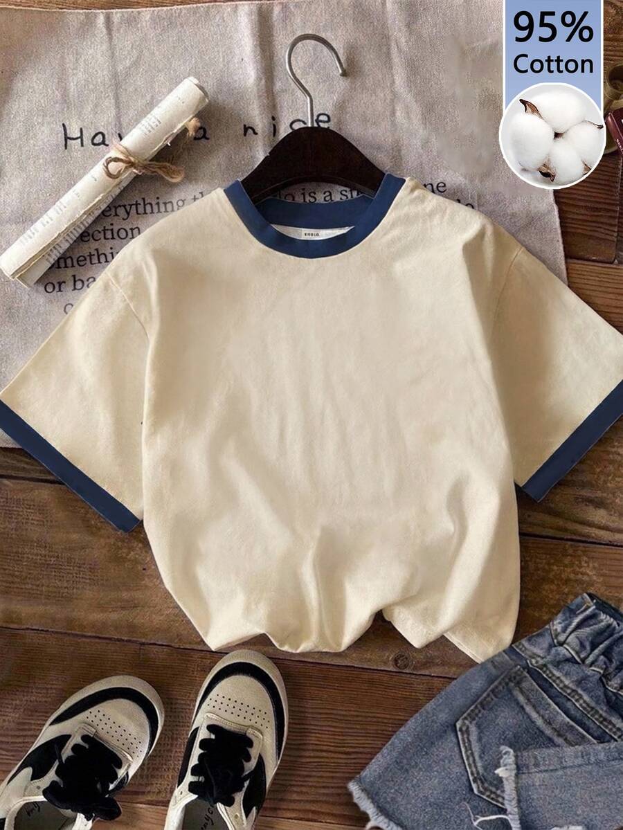 Tseoso 95% Cotton Casual Minimalist Blue & Beige Colorblock Round Neck Short Sleeve Loose Fit Women's T-Shirt, Suitable For Autumn, Basic Classic Style, Versatile For Multiple Occasions - Multicolor - View 1