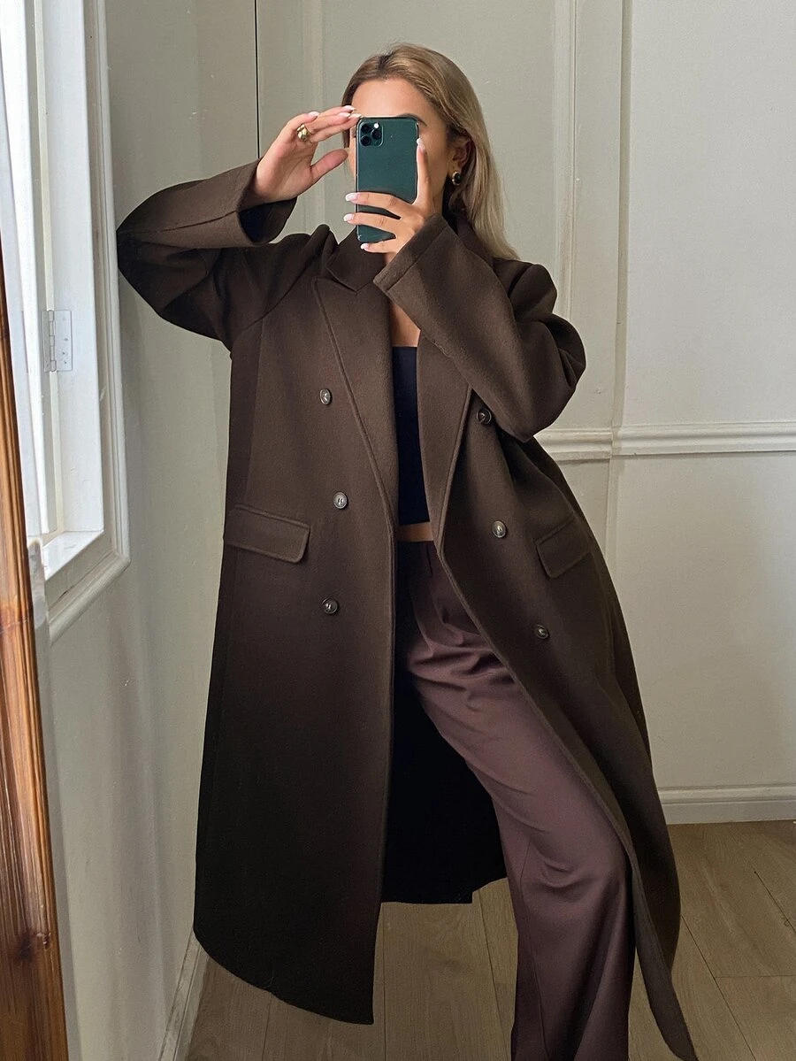 DAZY Women's Autumn Long Sleeve Loose Casual Long Brown Vintage Style Overcoat - Coffee Brown - View 1