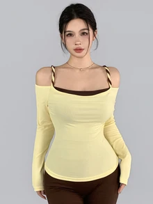 DAZY Camisole Bahu Terbuka Motif Patchwork Warna Kontras 2 In 1 Olahraga Sporty Athleisure T-Shirt Musim Gugur Pilates Gym Kuning Pucat Cokelat Tua - Kuning - View 6