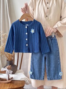 SHEIN 2件組 藍色女嬰休閒羅紋鈕扣長袖外套褲子套裝 秋季 - 藍色 - 查看 1
