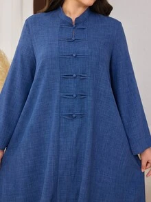 Al Najma Women's Long Sleeve Frog Button Decor New Fashion Elegant Versatile Plus Size Arabian Dress - Blue - View 3