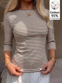 CovetEZ 休閒簡約 95% 棉柔軟棕色條紋短袖 T 恤，適合春夏，春夏穿搭，棕色條紋顯白，夏季上衣，適合日常通勤、約會、派對，秋冬春夏，聖誕節、新年、感恩節、派對、婚禮、海灘、畢業典禮，時尚 - 彩色 - 查看 1