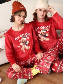 Chillnights Christmas Cartoon Cute Gingerbread Man Striped Flannel Men's Loungewear Set - Multicolor - View 1