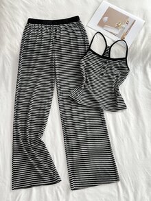 Elamini Petite Women's Elegant Versatile Commuter Fashion Petite Striped Tank Top & Pants 2 Pieces Set - Black and White - View 1