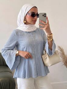Solavon Women's Solid Color Bell Sleeve Single-Breasted Casual Shirt - Blue - View 6
