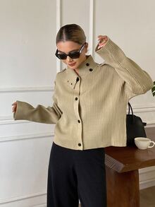 DAZY Women's Solid Color Loose Ribbed Long Sleeve High Neck Button Casual Streetwear Korean Style Vacation Thickened Jacket Regular Fit Fall - Khaki - View 6