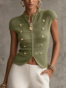 SHEIN Rompi Rajut Double Breasted Gaya Militer Napoleonik Musim Semi/Musim Gugur Terbaru untuk Wanita, Kerah Tegak, Resleting Penuh, Lengan Pendek Ukuran S - Hijau Tentara - View 1
