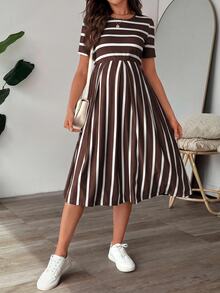 SHEIN Maternity Round Neck Striped Casual Daily Summer Dress - Coffee - View 4