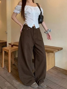 DAZY 女款休閒字母拼接微喇牛仔褲 秋季 - 棕色 - 查看 5