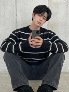 DAZY 男士黑色與銀灰色條紋圓領毛衣，羅紋袖口與下擺，刷毛，秋冬款 - 彩色 - 查看 6
