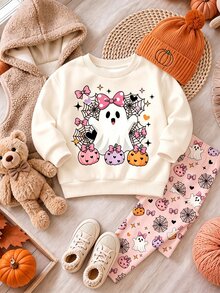 SHEIN 超可愛粉黑配色萬聖節南瓜小鬼波點圖案 Hey Bootiful Trick Or Treat 女嬰休閒柔軟圓領寬鬆衛衣＋內搭褲套裝，秋冬日常、萬聖節、甜美女孩風、南瓜季、BOO! - 彩色 - 查看 3
