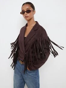 Maija Short Jacket With Fringe, Urban Style, Autumn/Winter - Brown - View 1