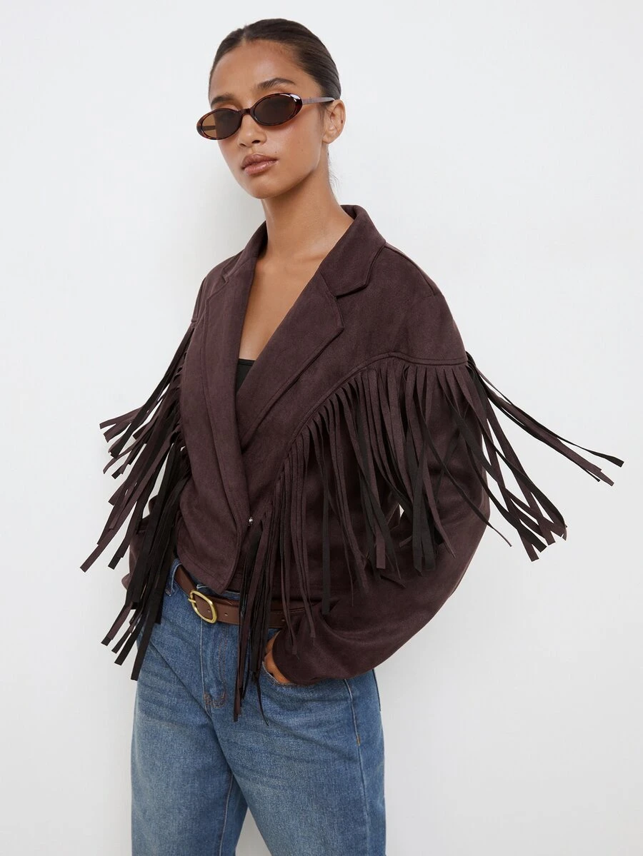 Maija Short Jacket With Fringe, Urban Style, Autumn/Winter - Brown - View 1