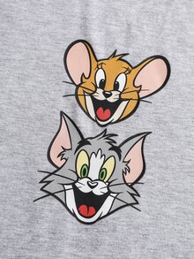 TOM & JERRY X SHEIN طقم ملابس منزلية للرجال بطبعة كرتونية، ملابس علوية بأكمام قصيرة وشورت - رمادي فاتح - مشاهدة 4