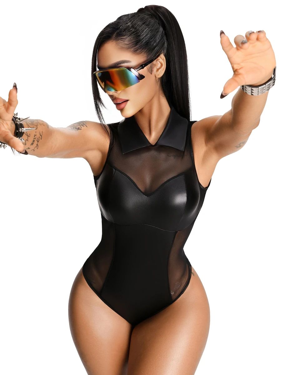 AltBold 1pc PU Leather & Mesh Patchwork Jumpsuit - Black - View 1