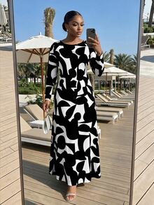 SHEIN Lady CURVE Plus Size Geometric Print Colorblock Long Sleeve Vacation Dress - Black and White - View 1