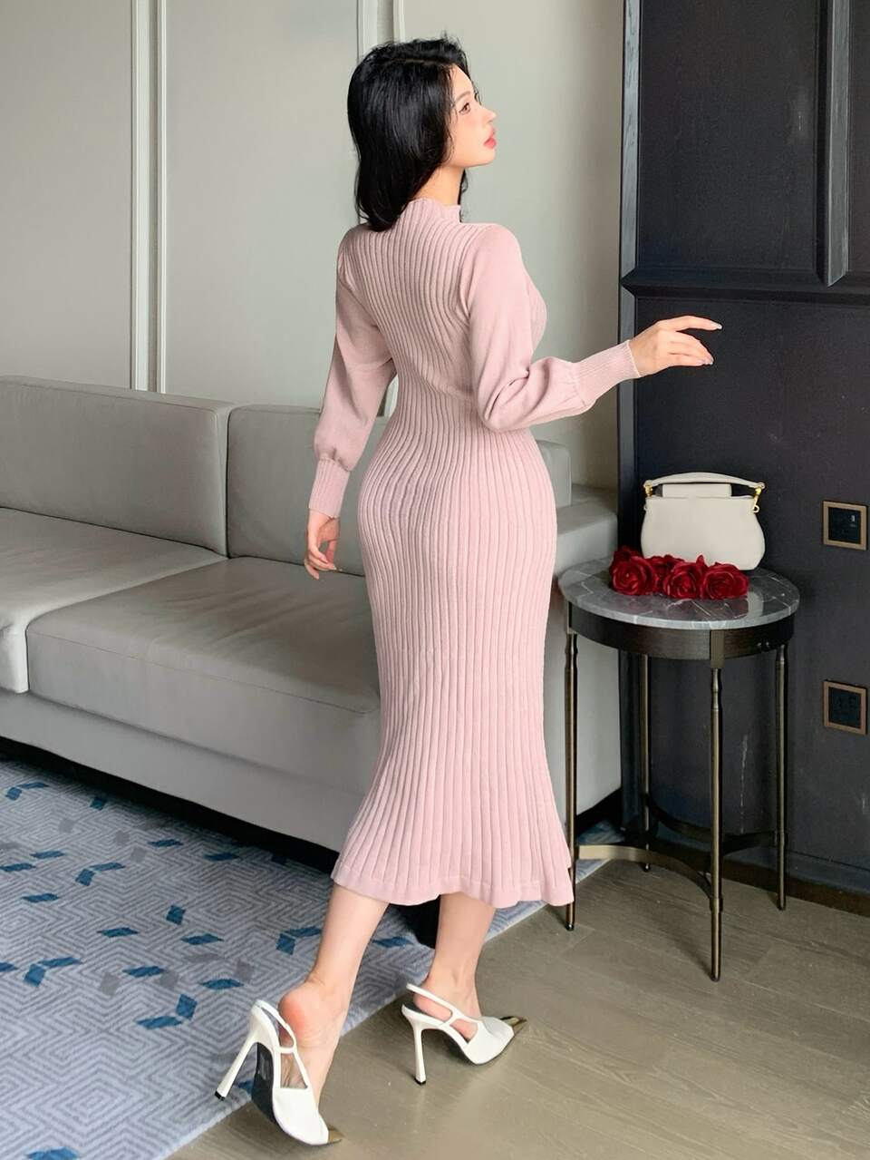 Autumn/Winter Round Neck Fitted Long Sleeve Elegant Elegant Commute Date Pink Women Sweater Dress