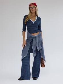 MUSERA V Neck Button Detail Stripey Soft Fitted Three Quarter Length Coord Top   Fall Autumn Winter Coolgirl Back To School Blancs - Multicolor - View 3