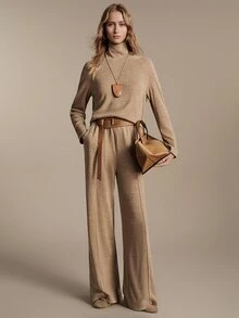 Anewsta Essential Elegant Commute Ruched High Neck Women's Brown Knit Set - Khaki - View 7