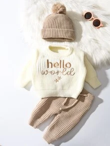 SHEIN 3pcs Newborn Baby Knit Sweater Pants Hat Set Sweet Cream Khaki Hello World Star Embroidery Ribbed Pom Pom Beanie Long Sleeve Photography Fall Jumpers - Khaki - View 2