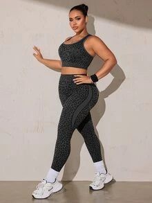 SHEIN Rhythm Era Plus Size Women Seamless Leopard Print Sports Bra And Leggings Set - Dark Grey - View 4