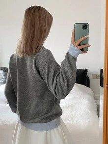 DAZY Women's Colorblock 2 In 1 Letter Embroidered Loose Long Sleeve Polo Collar Casual Vacation Autumn/Winter Sweater - Grey - View 2