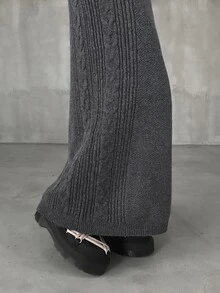 FRIFUL Women's Cable Knit Long Casual Versatile Midi Skirt Fall - Grey - View 6