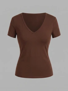 SHEIN EZwear 3件組女款休閒深V領修身短袖T恤，34%棉，夏季服飾，街頭風，適合日常通勤、約會、聚會、秋冬/夏季、派對、婚禮、海灘、畢業典禮，優雅休閒，適合外出、Y2K、音樂節穿搭、度假服飾、返校服裝 - 彩色 - 查看 8