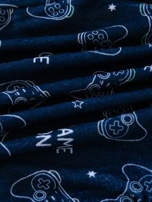 Boys Thick Flannel Hooded Home 2 Pieces Set, All-Over Print Game Controller Pattern Cuffed Long Pants Fuzzy Pajama Set - Navy Blue - View 4